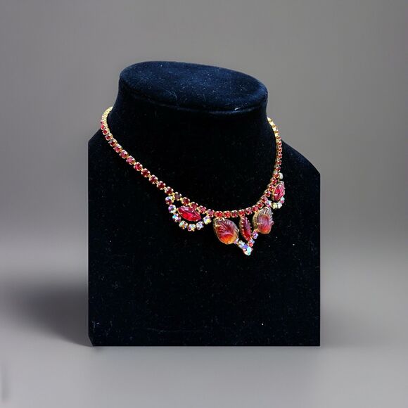 Vintage Red Rhinestone Necklace Mid-Century Molded Glass Choker Aurora Borealis - Picture 8 of 9